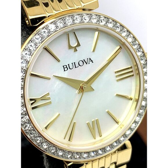 Bulova Women's Watch 98X122 Quartz Mother of Pearl Dial Gemmed Gold Steel 30mm